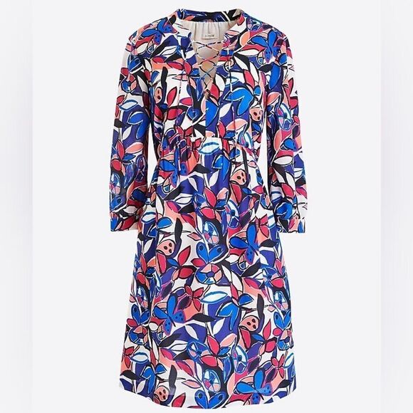 J Crew Womens Lace Up Butterfly Print Dress Size Small Blue Abstract Artsy Work - Picture 1 of 9